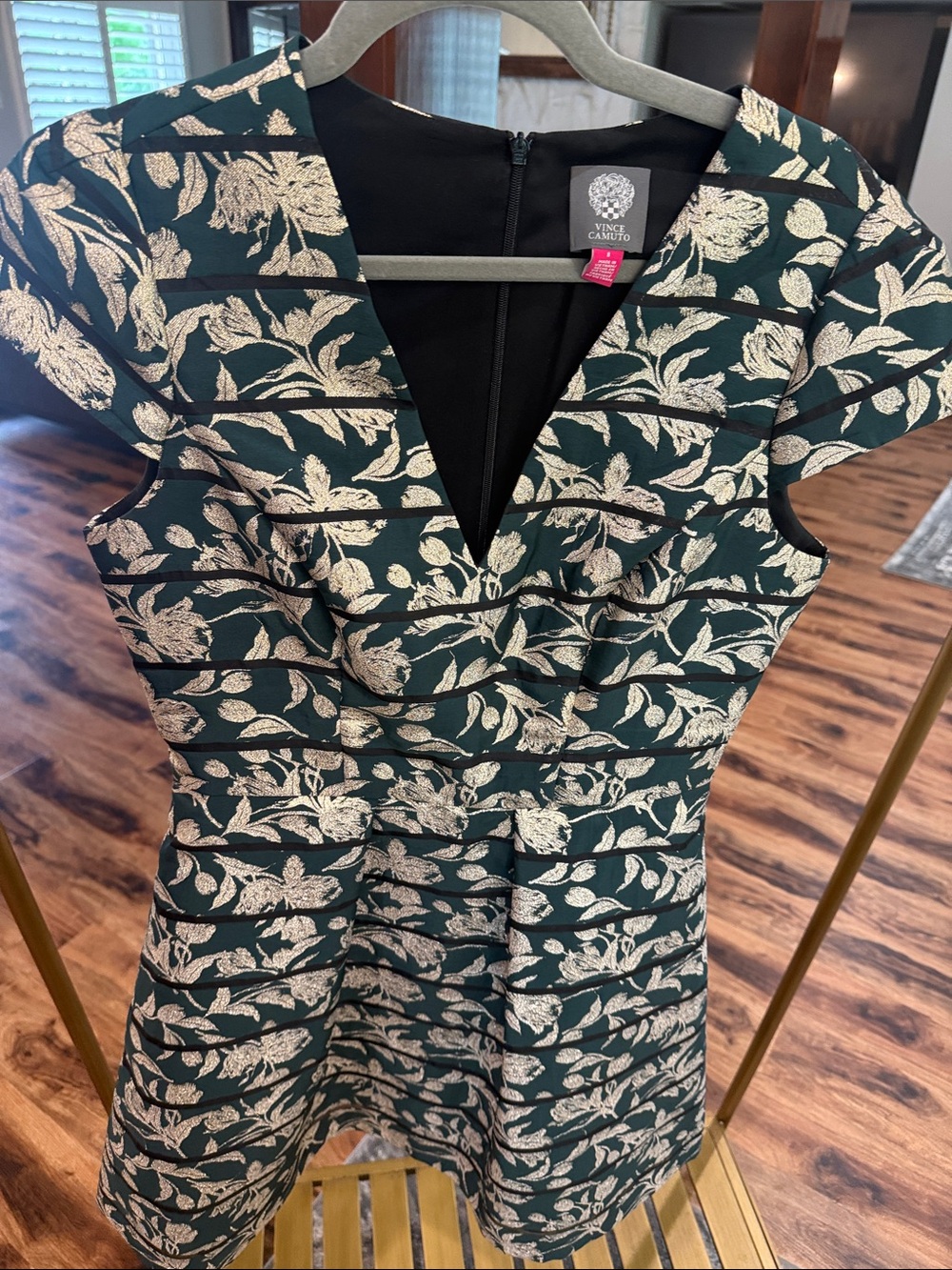 Vince Camuto Forest Green and Metallic Ivory Floral Fit & Flare Dress
